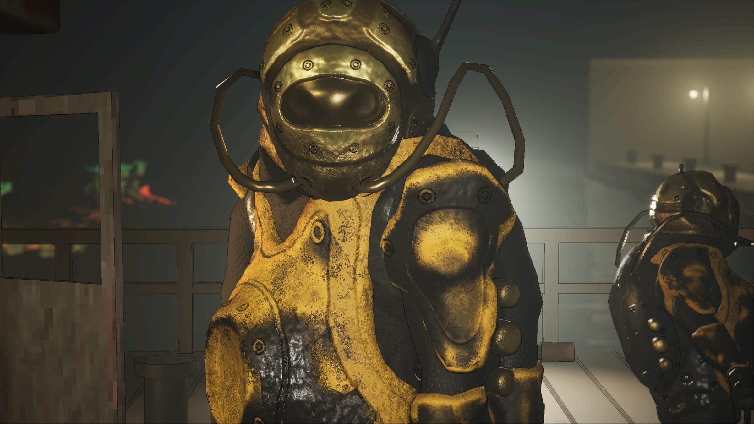 A brass-helmet diver in portrait at night, a second diver at the edge of the frame.
