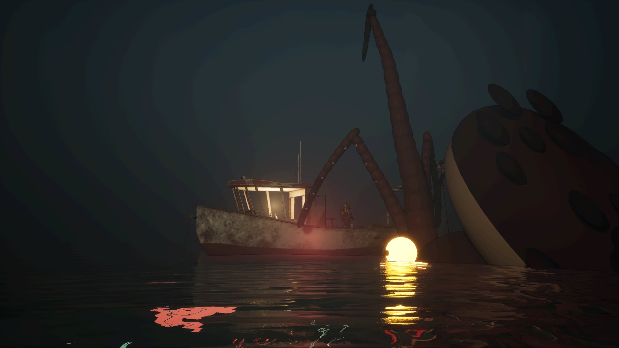 A giant kraken rises beside the moored salvage boat at night, its arms against the fog.