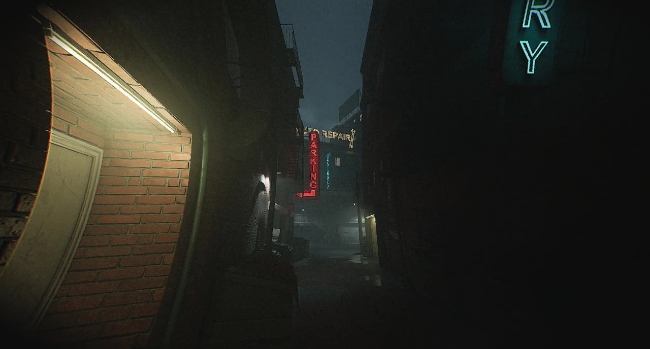 A narrow, rain-dark alley at night lit by red and teal neon signs.